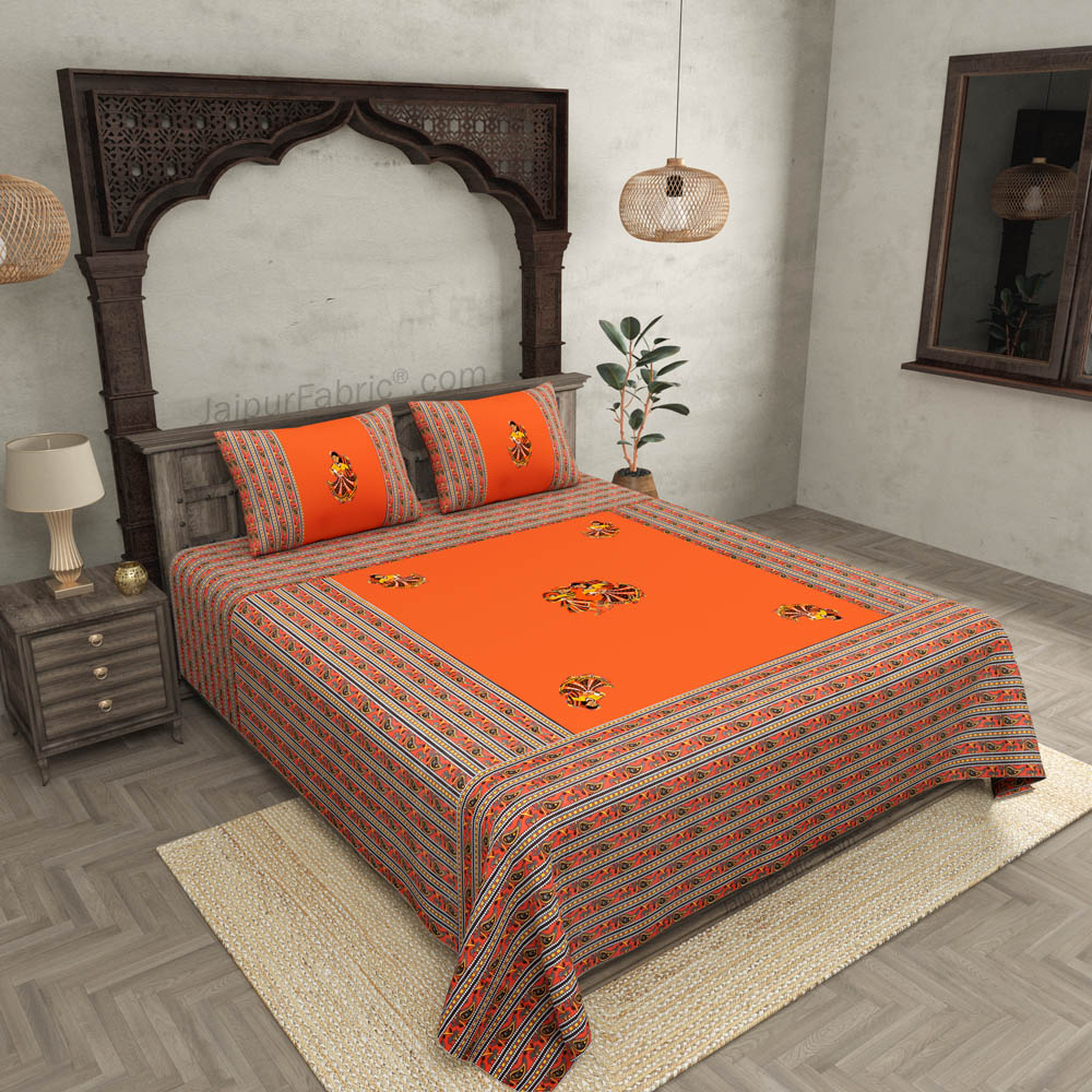 Applique Orange Chang Dance Jaipuri  Hand Made Embroidery Patch Work Double Bedsheet