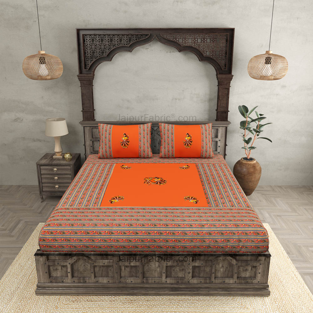 Applique Orange Chang Dance Jaipuri  Hand Made Embroidery Patch Work Double Bedsheet