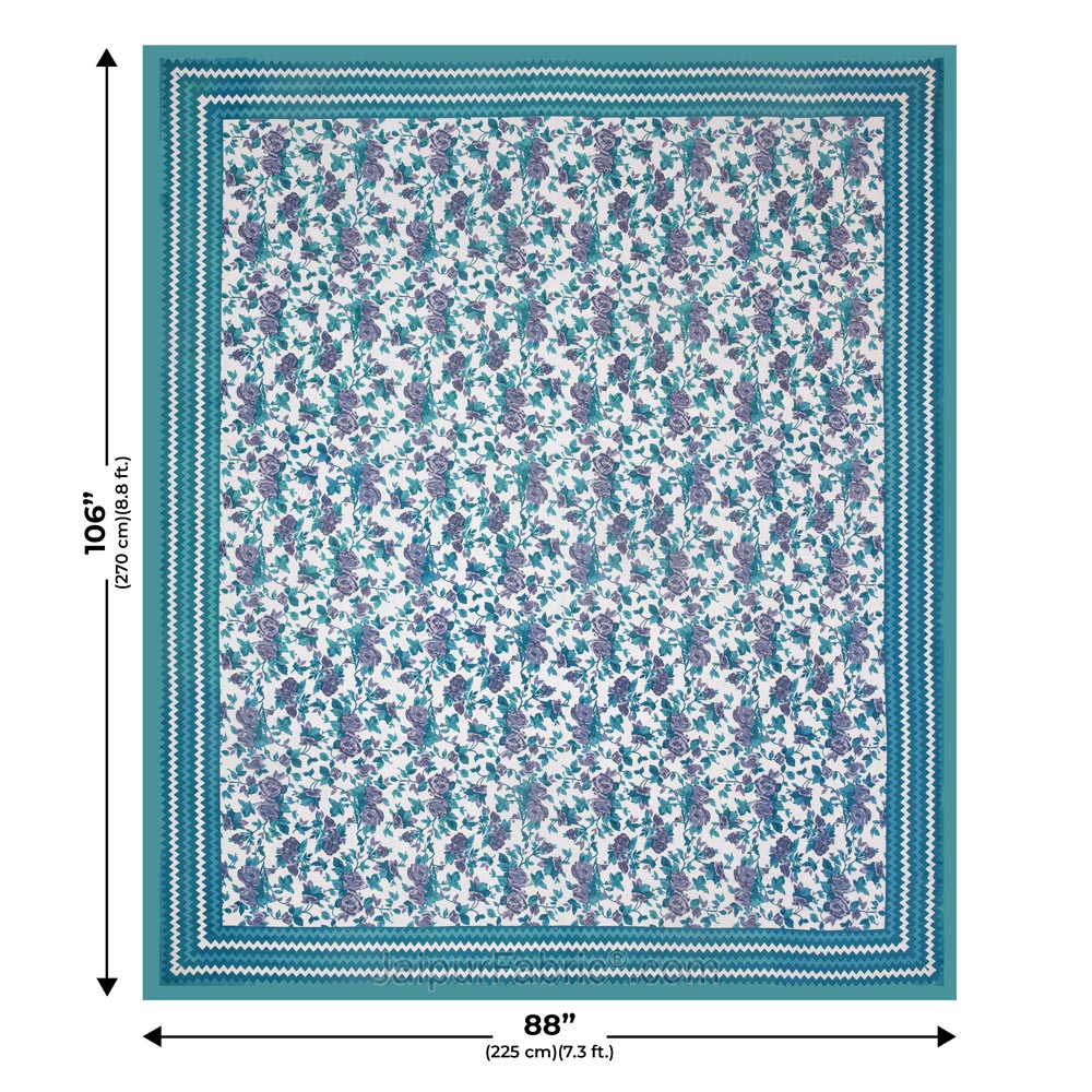 Turquoise Wavy Border and Floral Print Cotton Double Bed Sheet