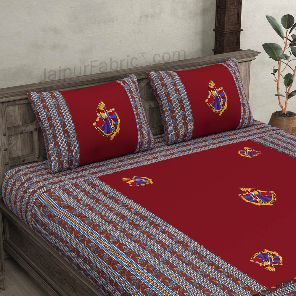 Applique Maroon Gujri Jaipuri  Hand Made Embroidery Patch Work Double Bedsheet