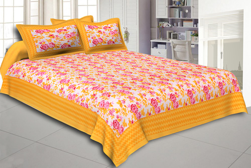 Yellow Wavy Border and Floral Print Cotton Double Bed Sheet