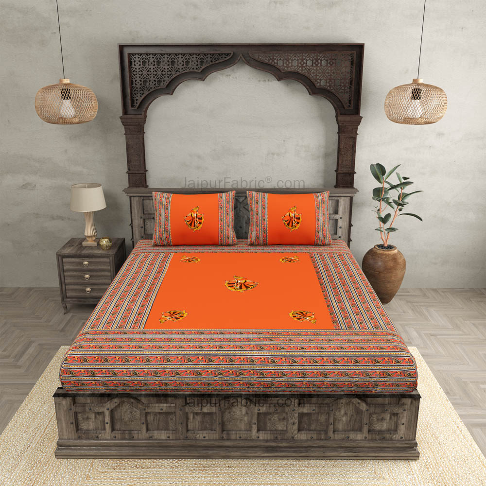 Applique Orange Gujri Jaipuri  Hand Made Embroidery Patch Work Double Bedsheet