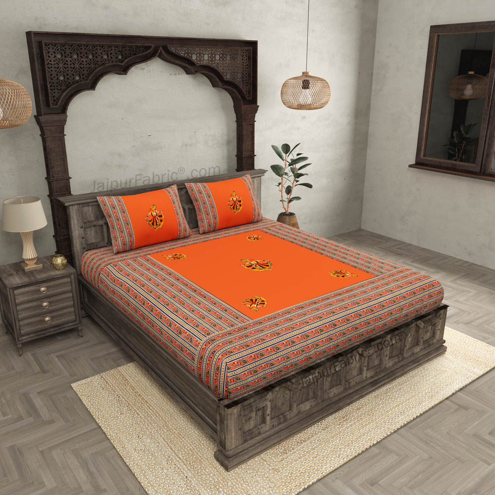 Applique Orange Gujri Jaipuri  Hand Made Embroidery Patch Work Double Bedsheet