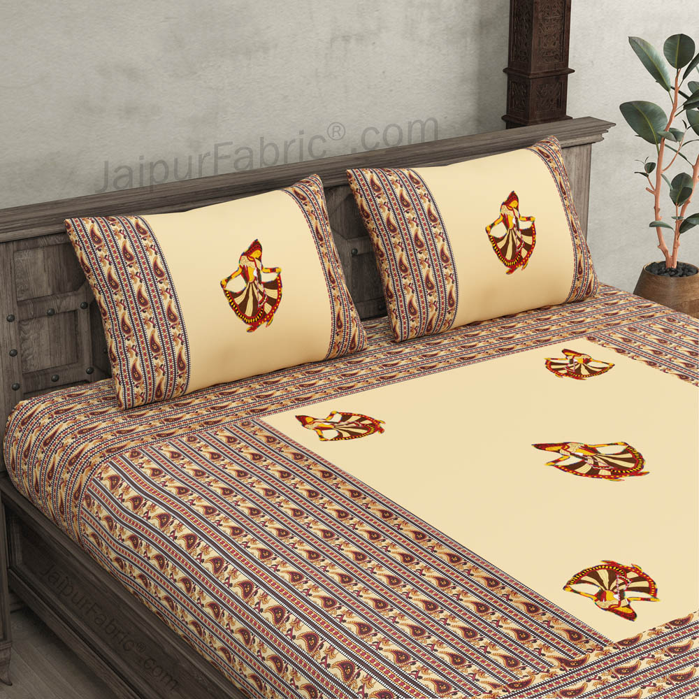 Applique Cream Gujri Jaipuri  Hand Made Embroidery Patch Work Double Bedsheet