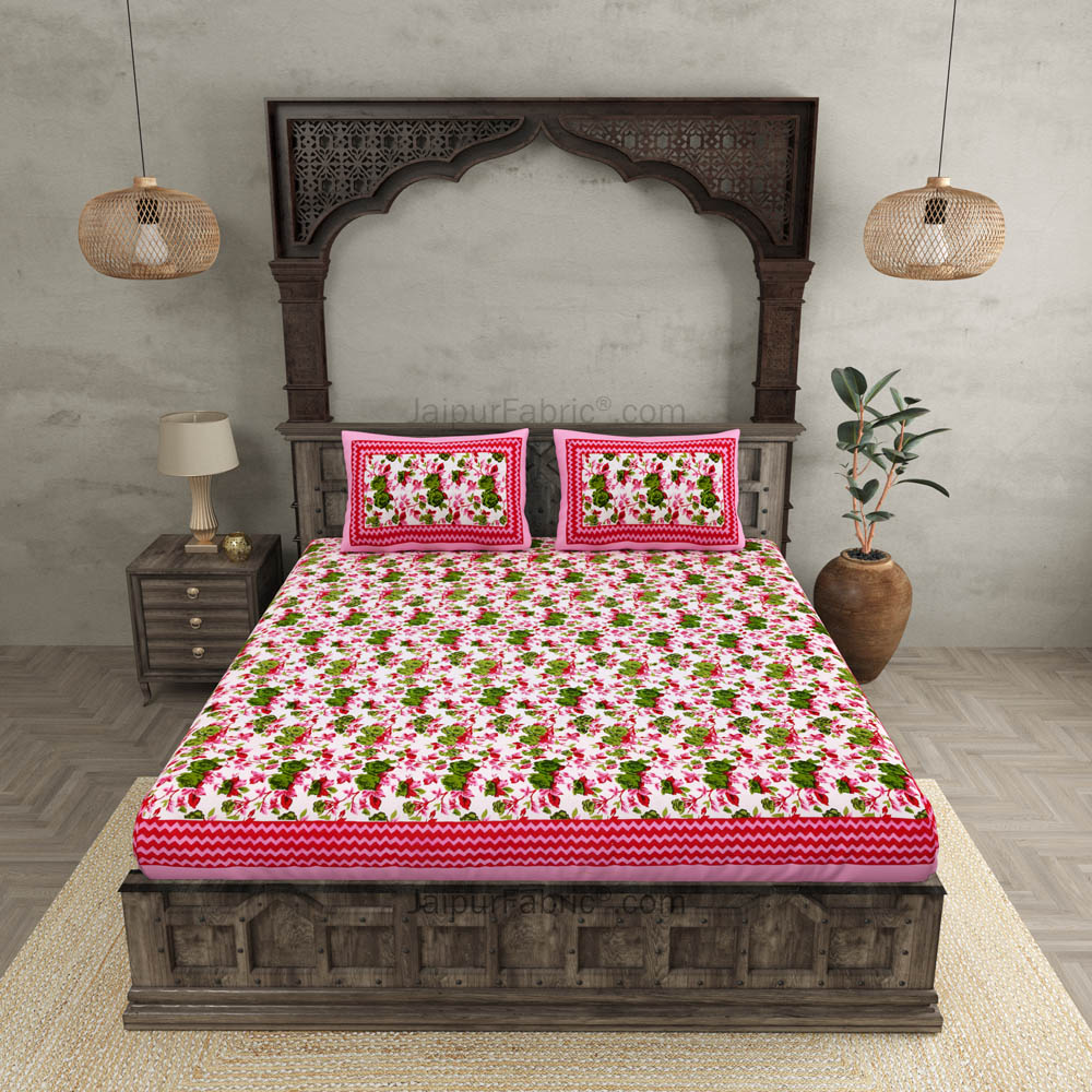 Pink Wavy Border and Floral Print Cotton Double Bed Sheet