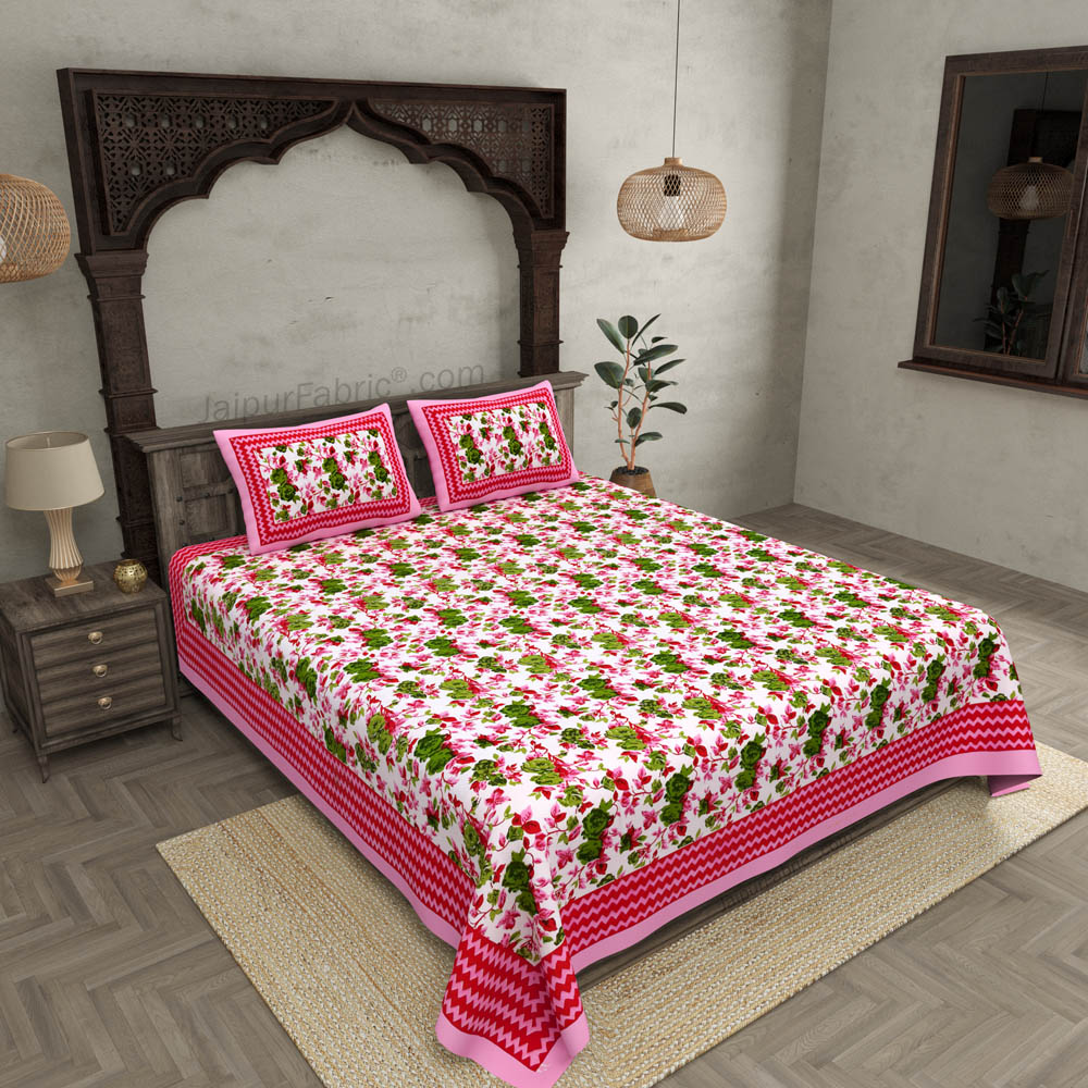 Pink Wavy Border and Floral Print Cotton Double Bed Sheet