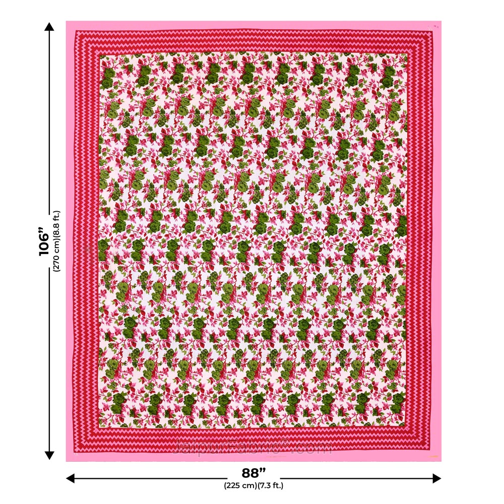 Pink Wavy Border and Floral Print Cotton Double Bed Sheet