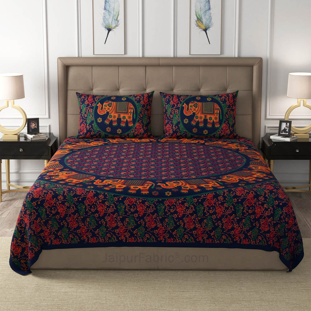 Blue Elephant Mandala Cotton Double Bedsheet