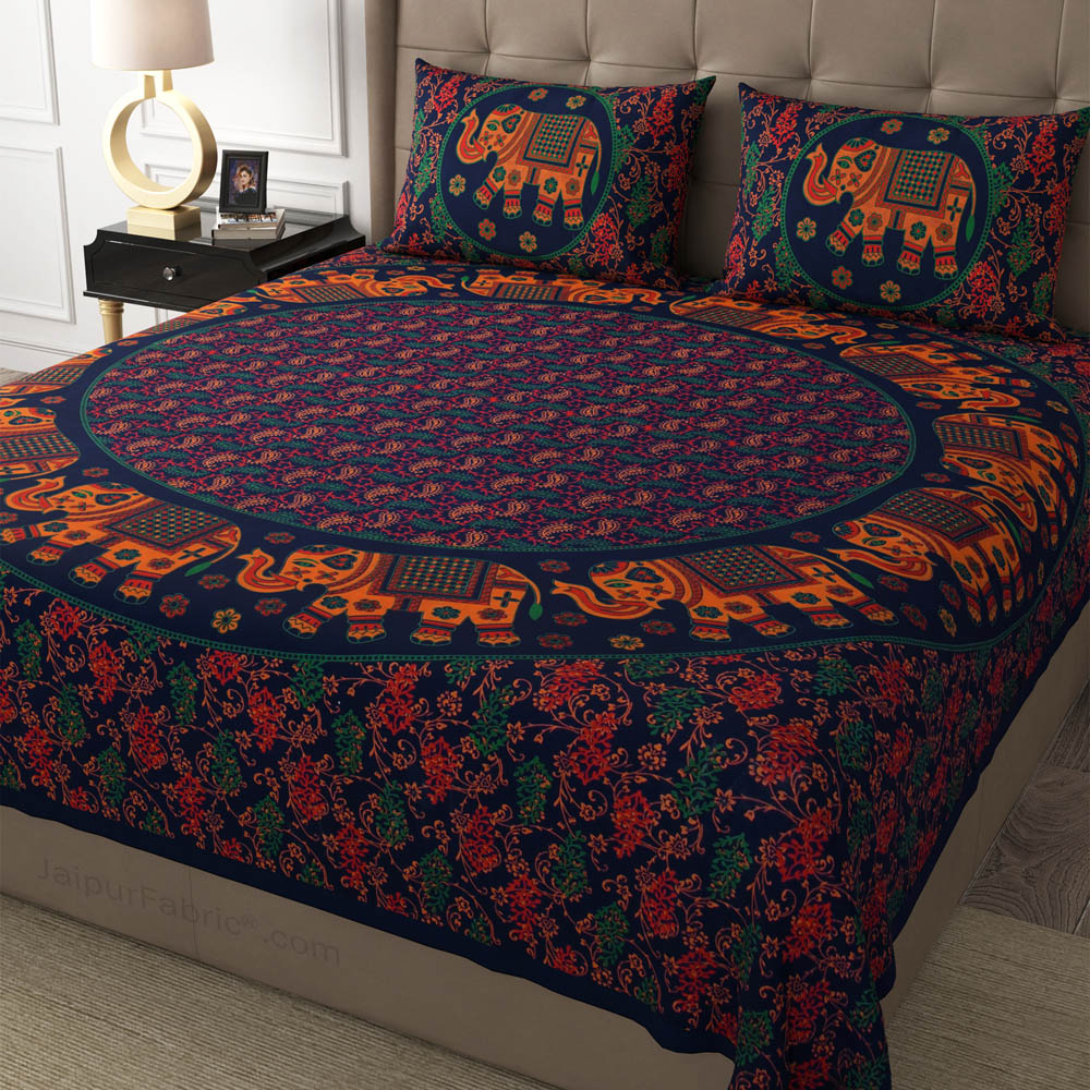 Blue Elephant Mandala Cotton Double Bedsheet