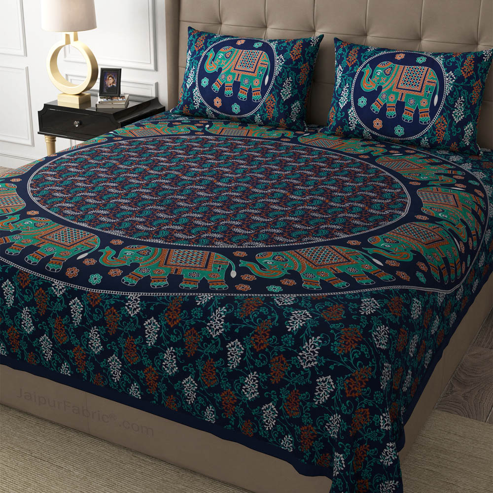 Green Elephant Mandala Cotton Double Bedsheet