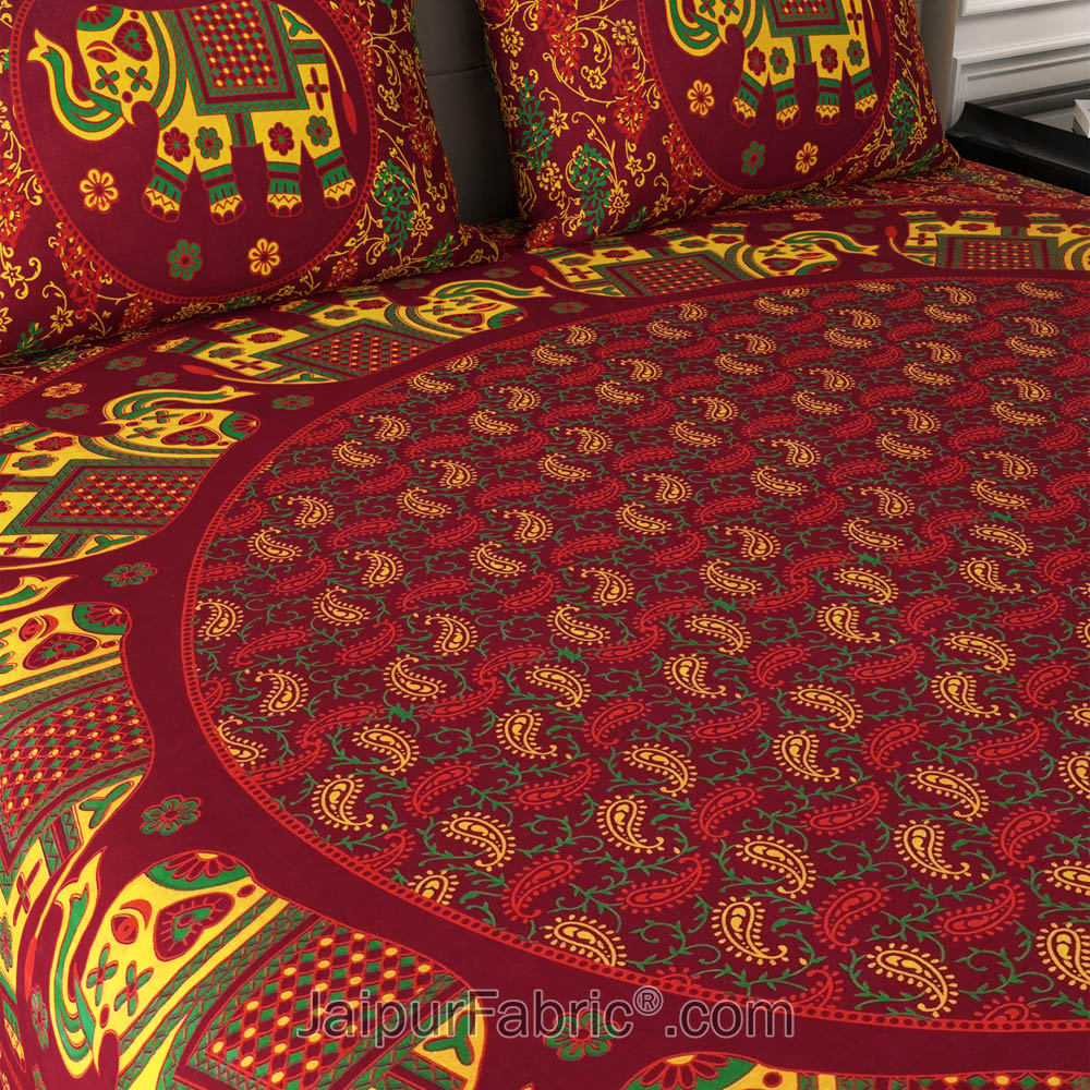 Maroon Elephant Mandala Cotton Double Bedsheet