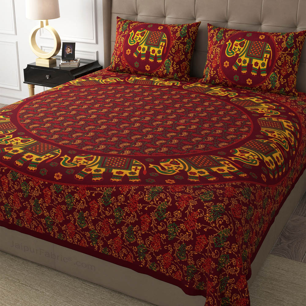 Maroon Elephant Mandala Cotton Double Bedsheet