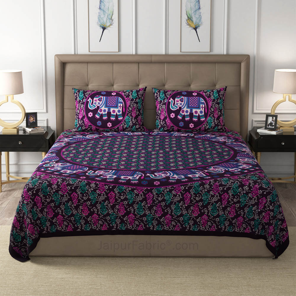 Violet Elephant Mandala Cotton Double Bedsheet