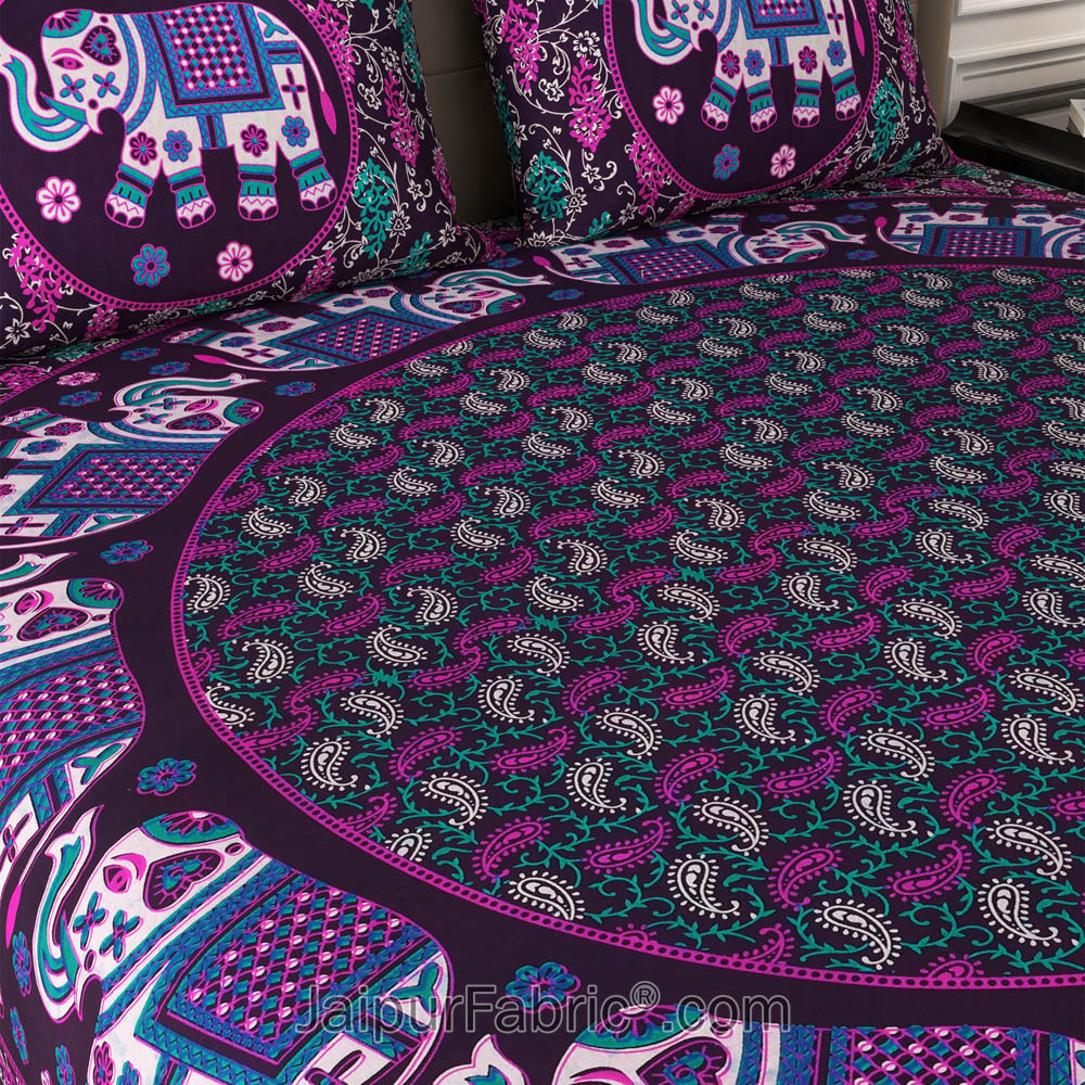 Violet Elephant Mandala Cotton Double Bedsheet