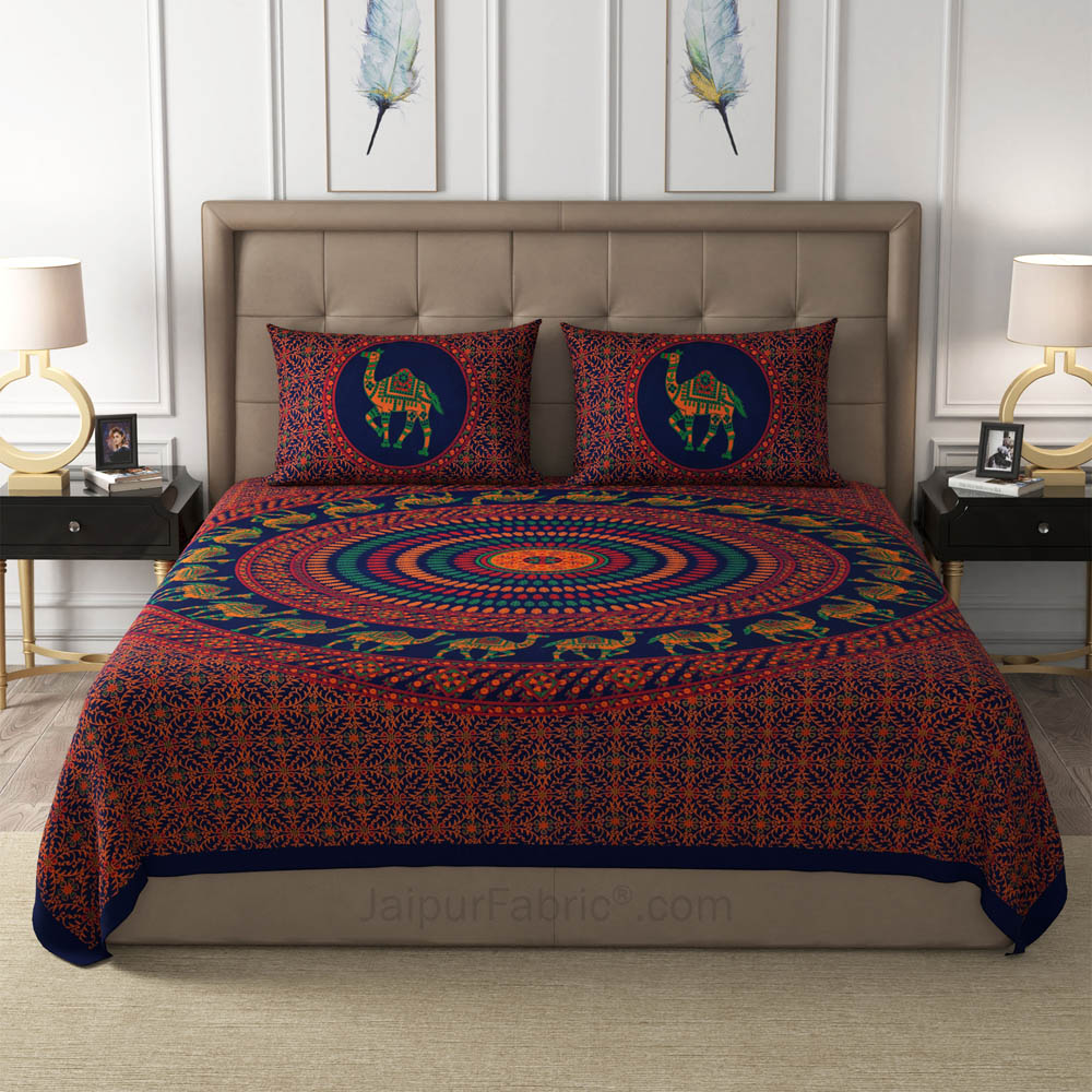 Blue Camel Mandala Cotton Double Bedsheet