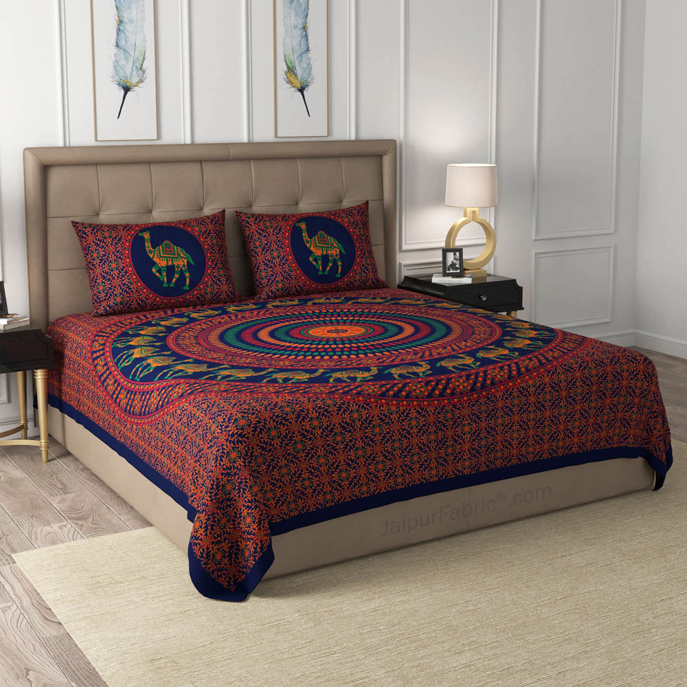 Blue Camel Mandala Cotton Double Bedsheet