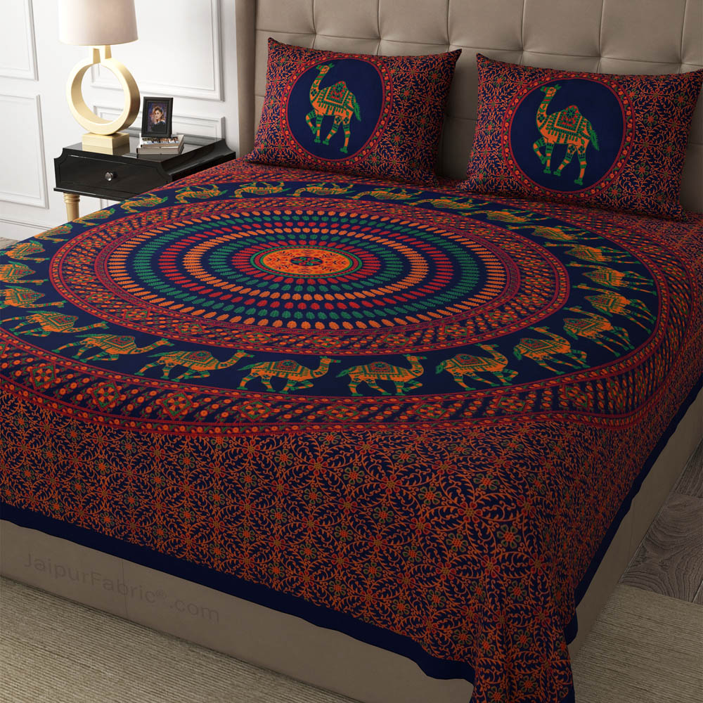 Blue Camel Mandala Cotton Double Bedsheet