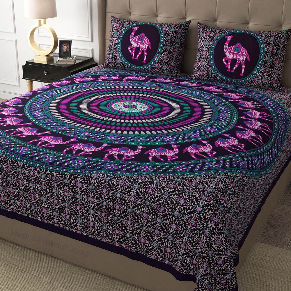 Violet Camel Mandala Cotton Double Bedsheet