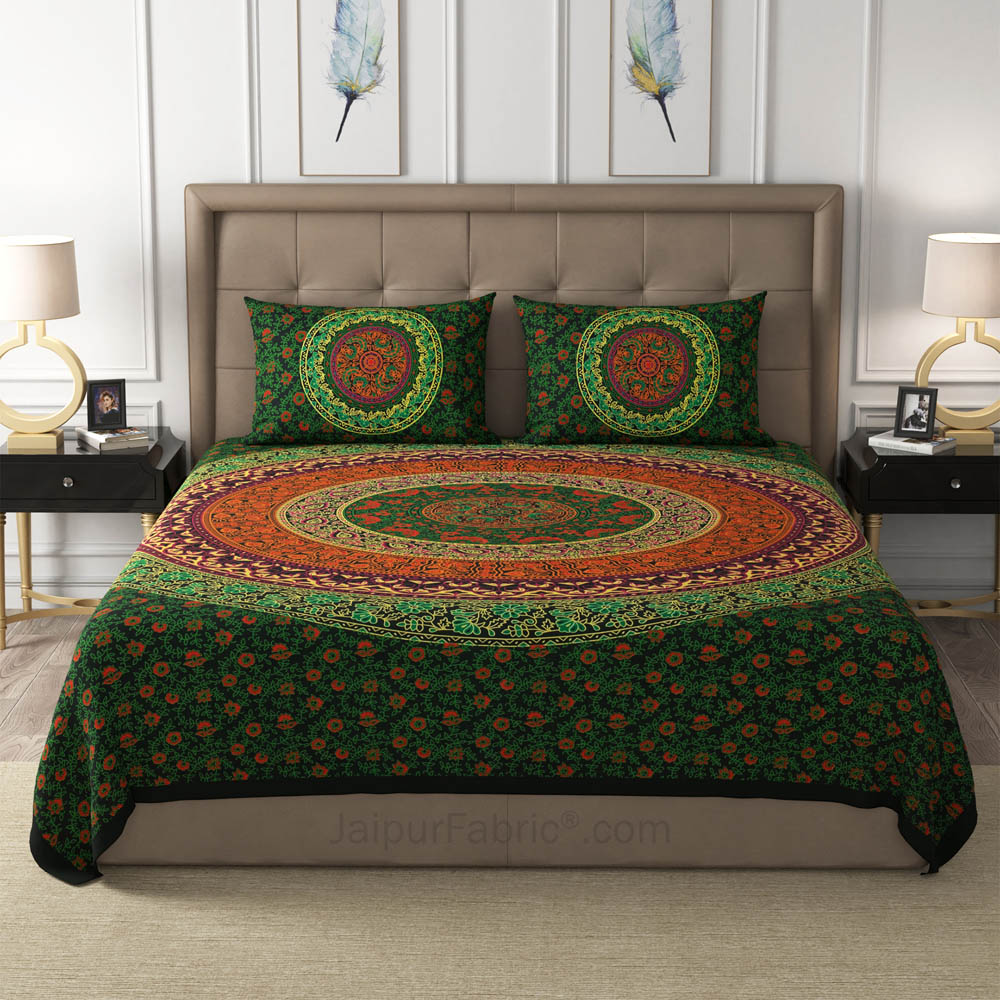 Green Rangoli Mandala Cotton Double Bedsheet