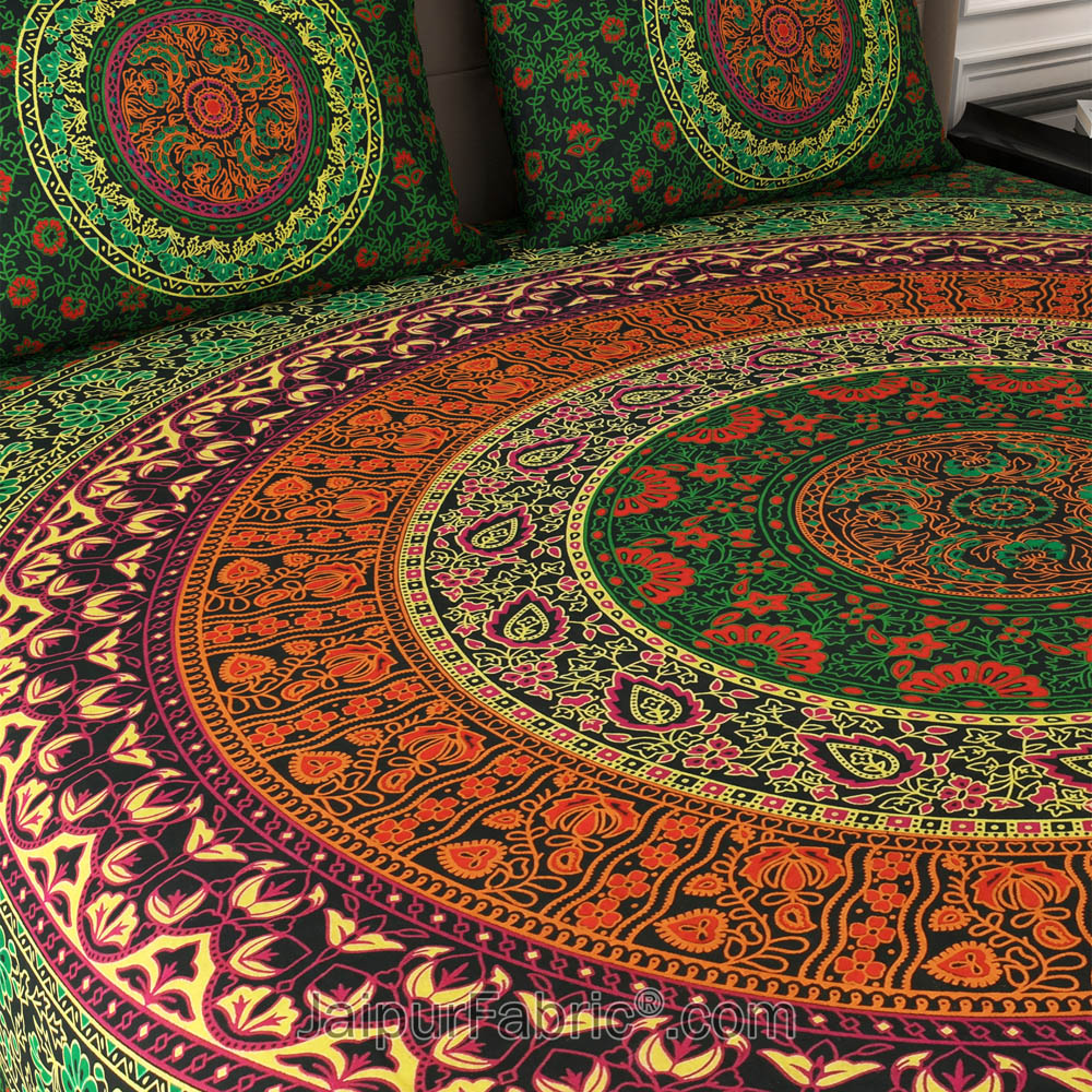 Green Rangoli Mandala Cotton Double Bedsheet