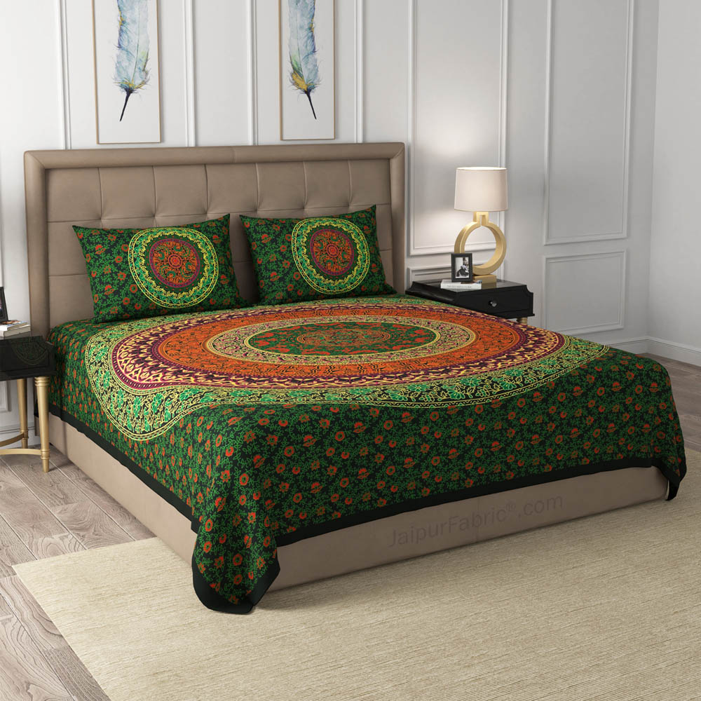 Green Rangoli Mandala Cotton Double Bedsheet