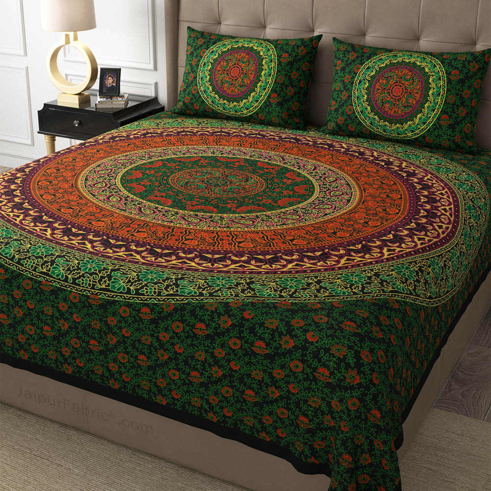 Green Rangoli Mandala Cotton Double Bedsheet