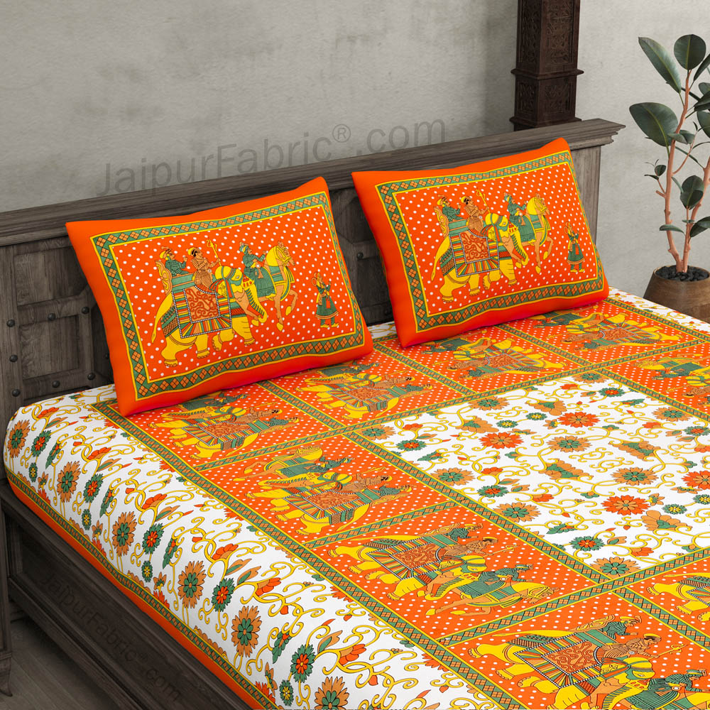 Orange Big Elephant Printed Cotton Double Bed Sheet