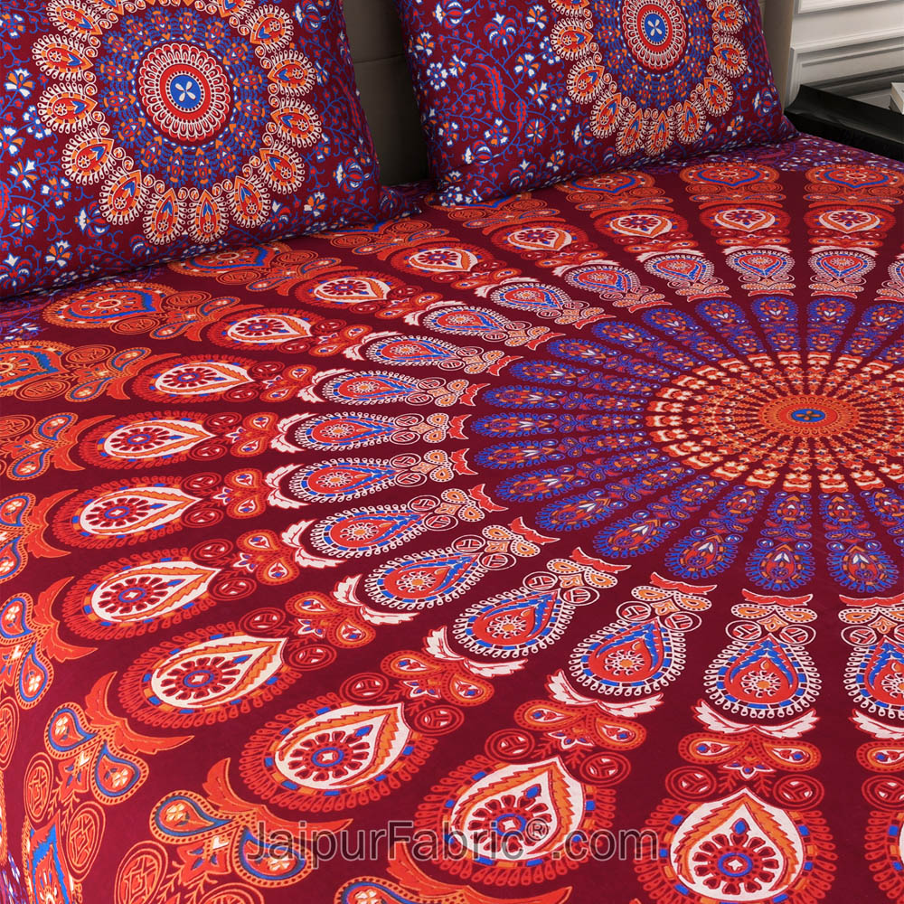 Maroon Peacock Feather Mandala Cotton Double Bedsheet