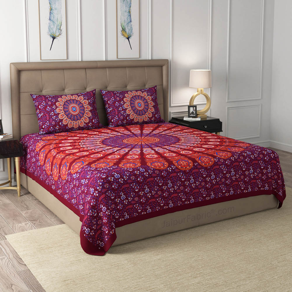 Maroon Peacock Feather Mandala Cotton Double Bedsheet