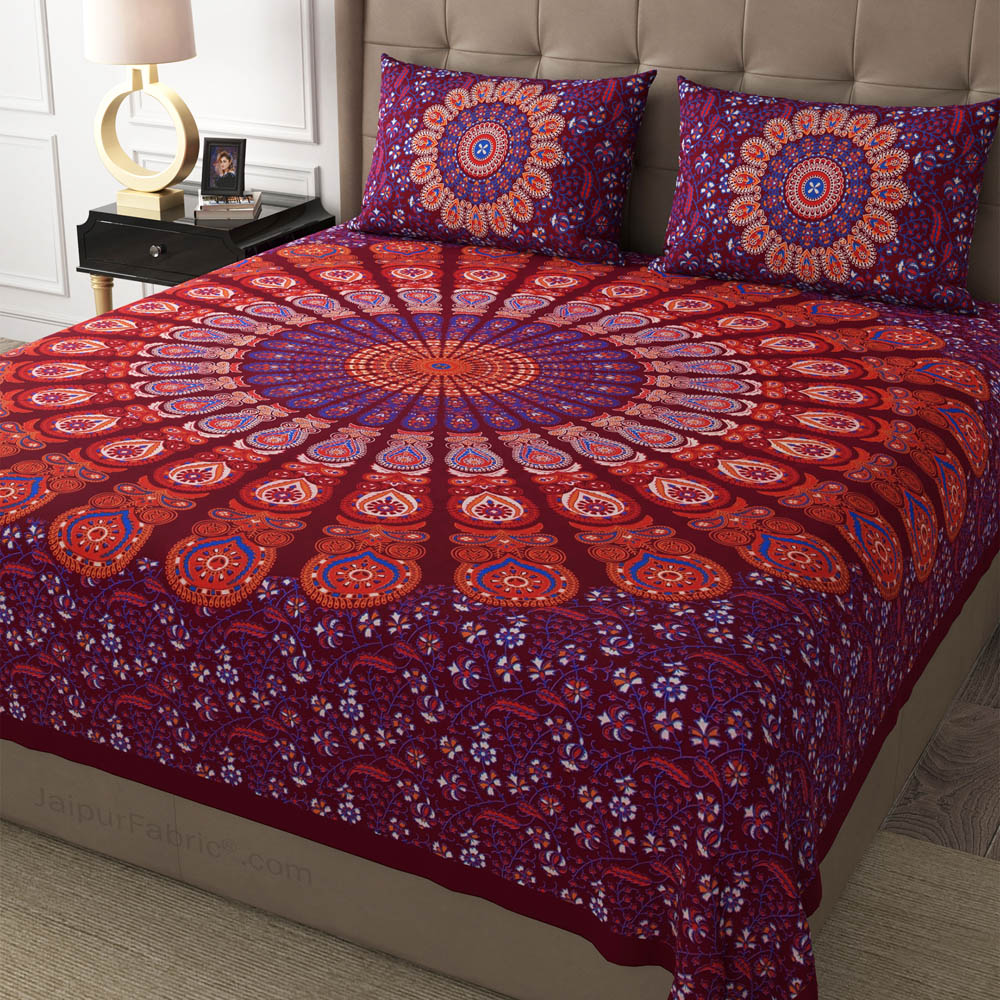 Maroon Peacock Feather Mandala Cotton Double Bedsheet