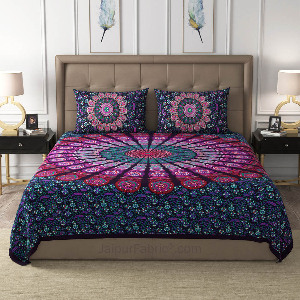 Violet Peacock Feather Mandala Cotton Double Bedsheet