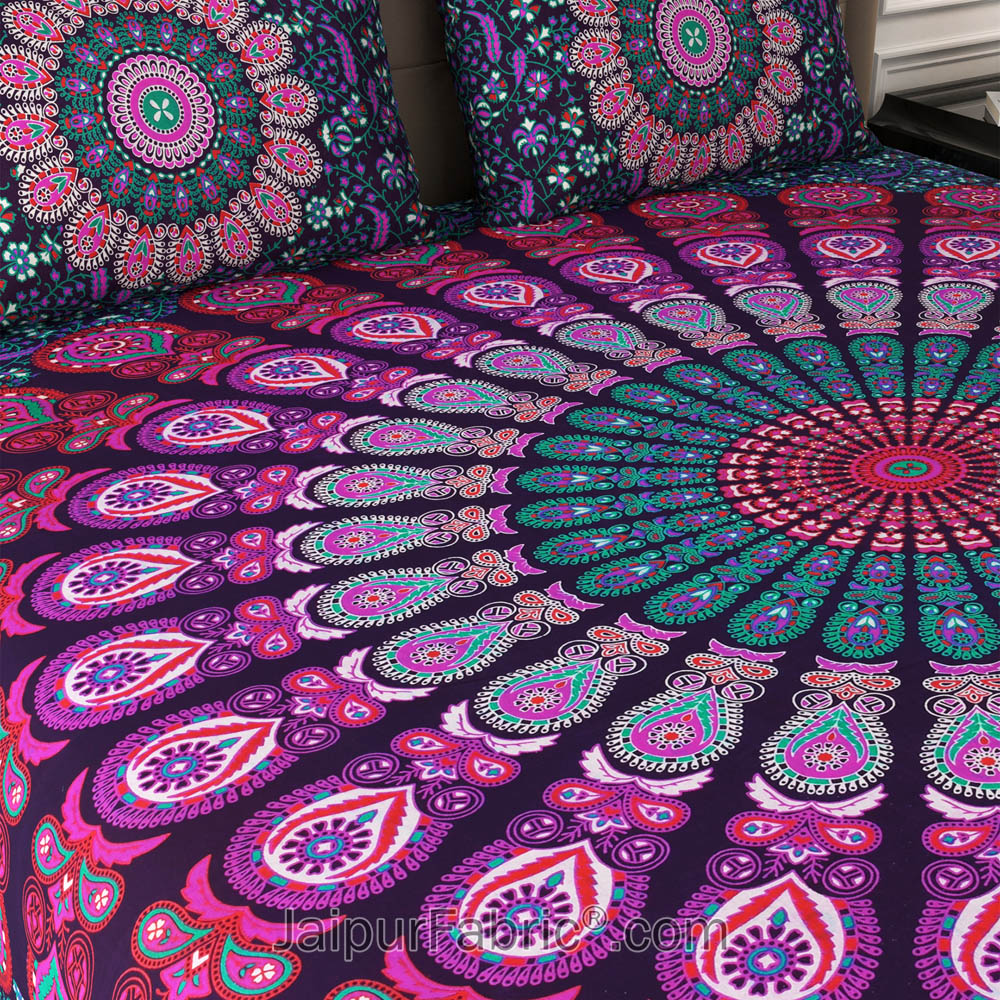 Violet Peacock Feather Mandala Cotton Double Bedsheet