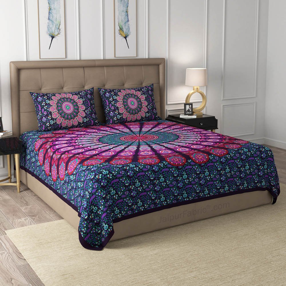 Violet Peacock Feather Mandala Cotton Double Bedsheet