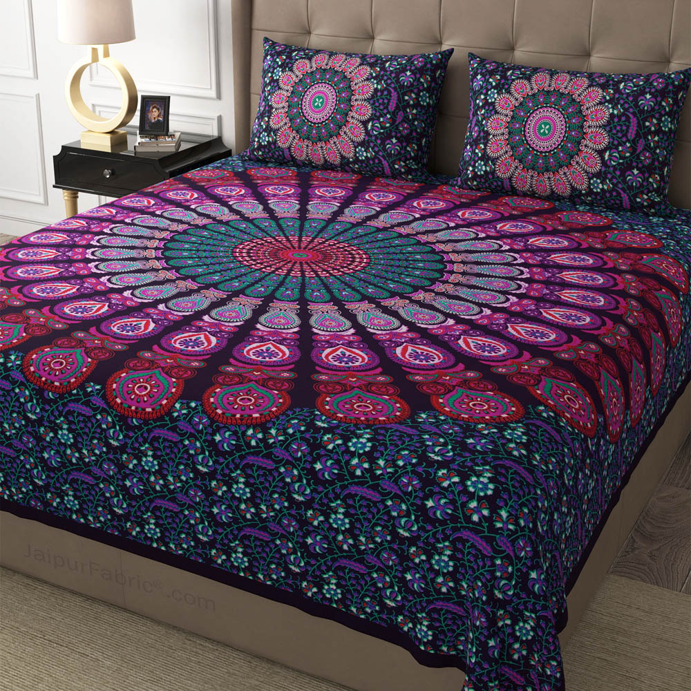 Violet Peacock Feather Mandala Cotton Double Bedsheet