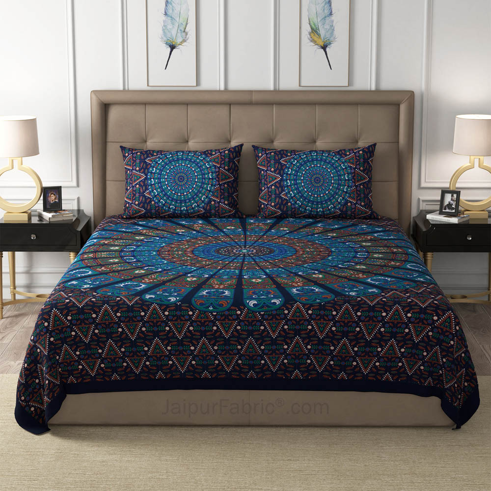 Blue Zigzag Mandala Cotton Double Bedsheet