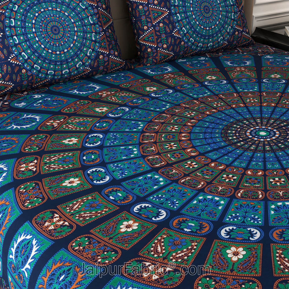 Blue Zigzag Mandala Cotton Double Bedsheet