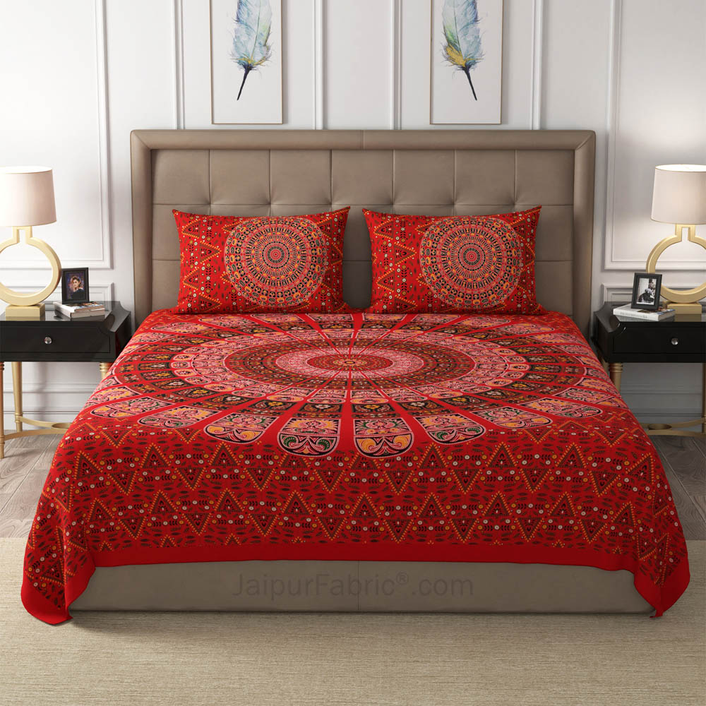 Red Zigzag Mandala Cotton Double Bedsheet