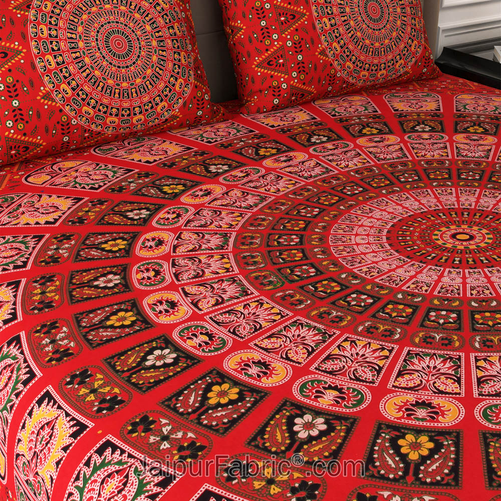 Red Zigzag Mandala Cotton Double Bedsheet