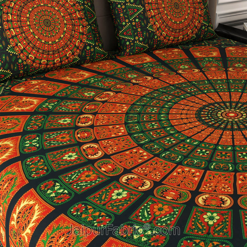 Green Zigzag Mandala Cotton Double Bedsheet