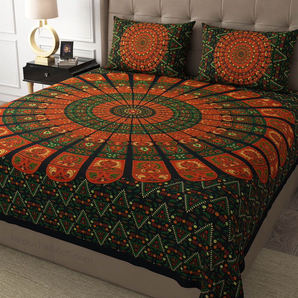 Green Zigzag Mandala Cotton Double Bedsheet