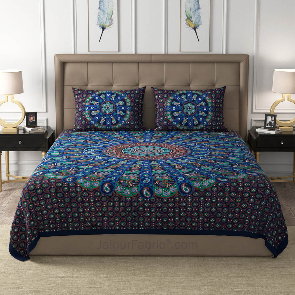 Blue Paisley Mandala Cotton Double Bedsheet