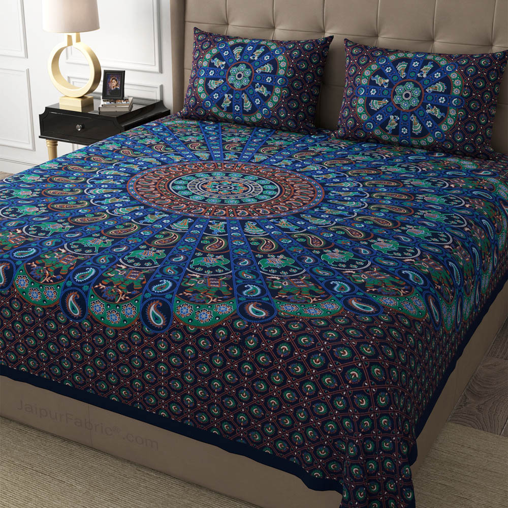 Blue Paisley Mandala Cotton Double Bedsheet