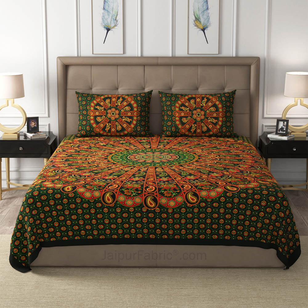 Green Paisley Mandala Cotton Double Bedsheet