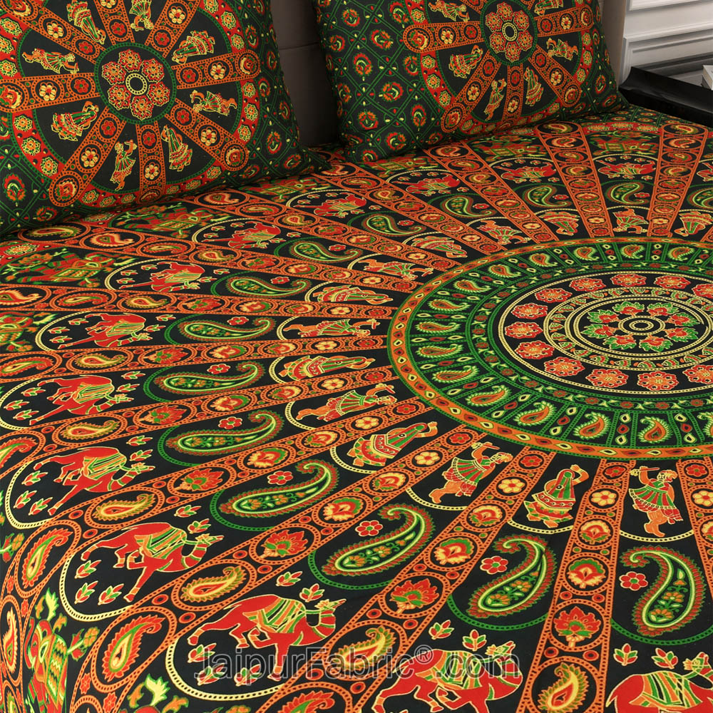 Green Paisley Mandala Cotton Double Bedsheet