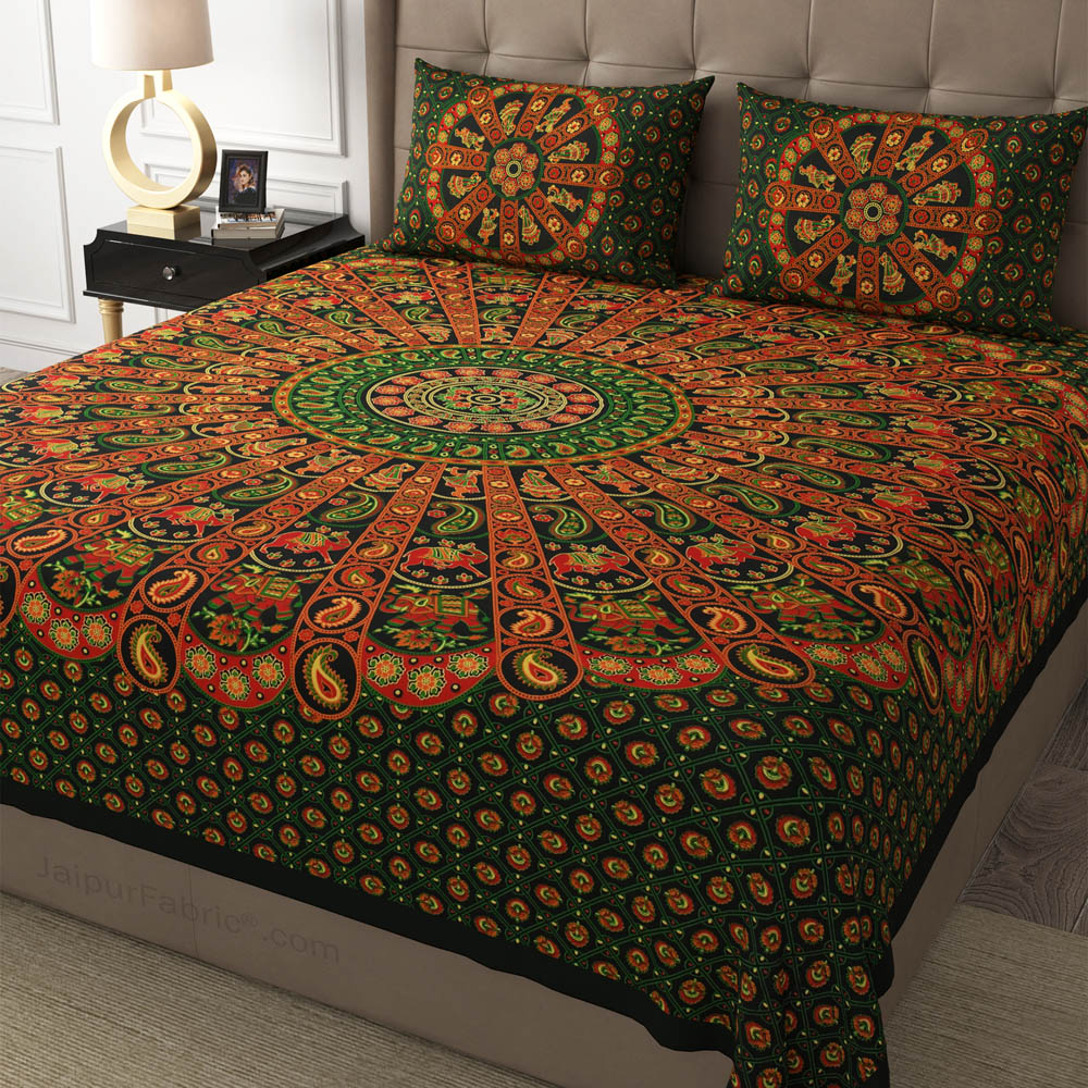 Green Paisley Mandala Cotton Double Bedsheet