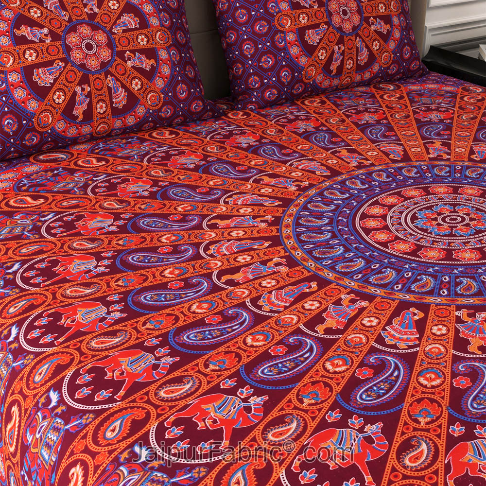 Maroon Paisley Mandala Cotton Double Bedsheet