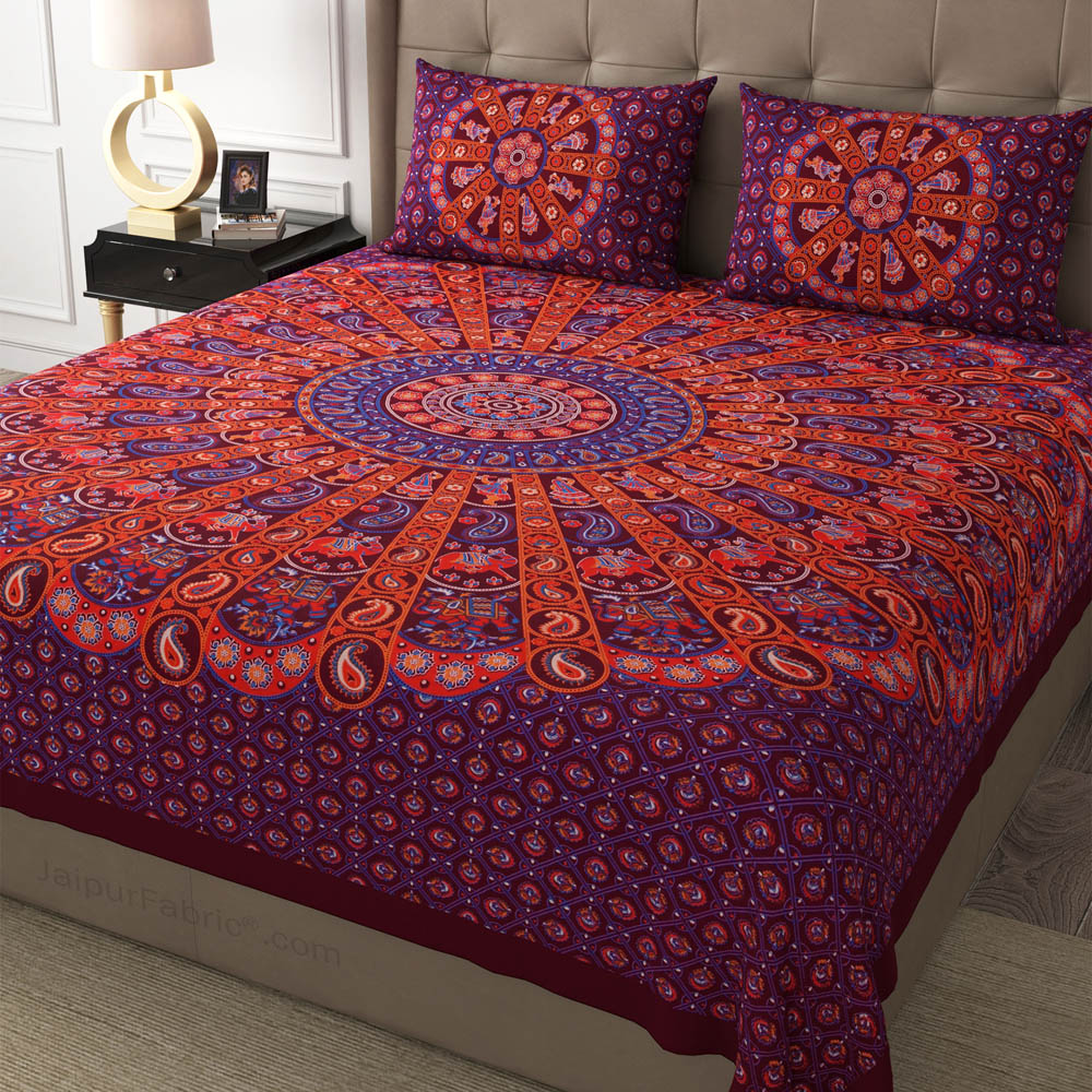 Maroon Paisley Mandala Cotton Double Bedsheet