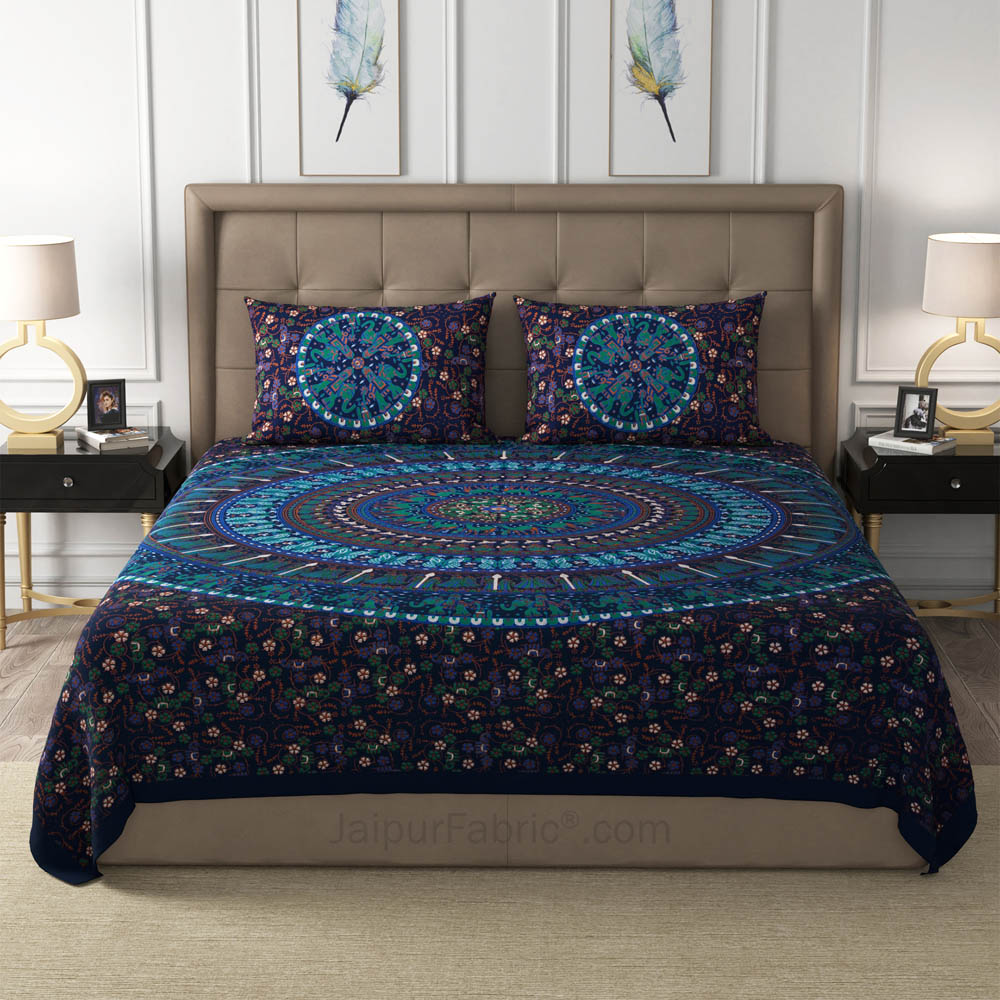 Blue Shahi Barat Mandala Cotton Double Bedsheet