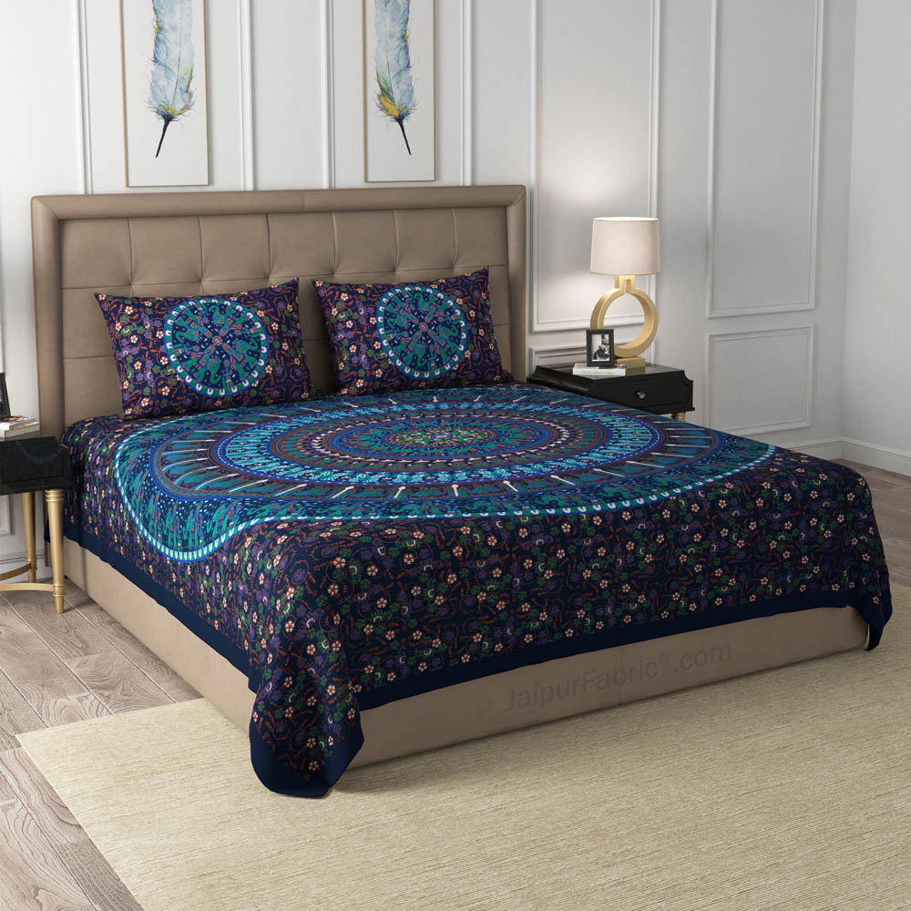 Blue Shahi Barat Mandala Cotton Double Bedsheet