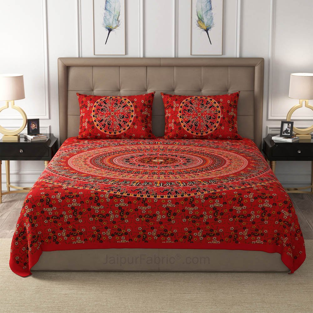 Red Shahi Barat Mandala Cotton Double Bedsheet